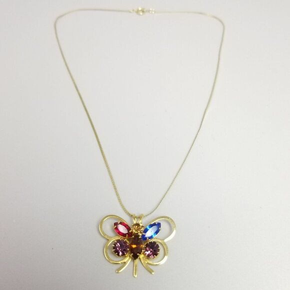 Vintage Colorful Rhinestone Butterfly Pendant Necklace, Gold Tone Setting, Estat - Picture 2 of 8